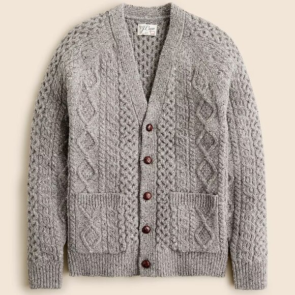 NWT J Crew 100% Wool Gray Aran Chunky Cable Knit Fisherman Sweater Cardigan